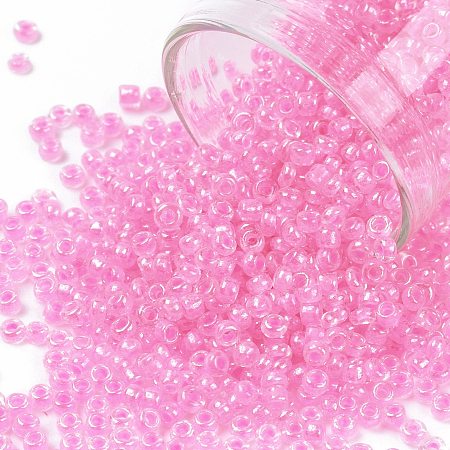 Honeyhandy 12/0 Glass Seed Beads, Transparent Inside Colours Luster, Round Hole, Round, Hot Pink, 12/0, 2~2.5x1.5~2mm, Hole: 0.8mm, about 30000pcs/bag