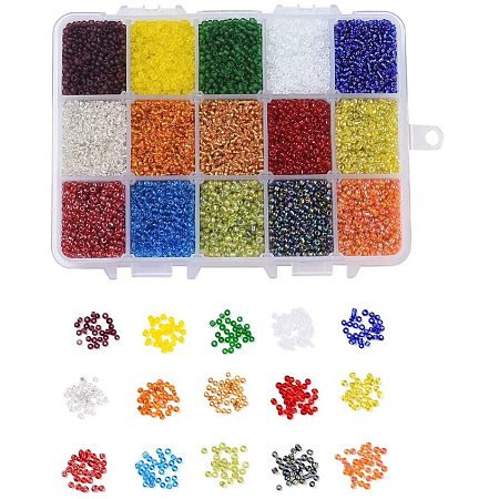NBEADS 1 Box 15 Color 12/0 Round Glass Seed Beads, Frosted Colors/Transparent Colors Rainbow/Transparent Colors Lustered/Silver Lined/Transparent Loose Pony Beads for DIY Jewelry Making