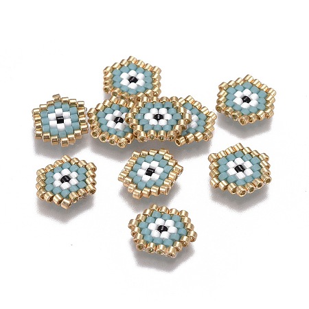 NBEADS Handmade Japanese Seed Beads, with Japan Import Thread, Loom Pattern, Hexagon with Evil Eye, LightBlue, 12x10x2mm
