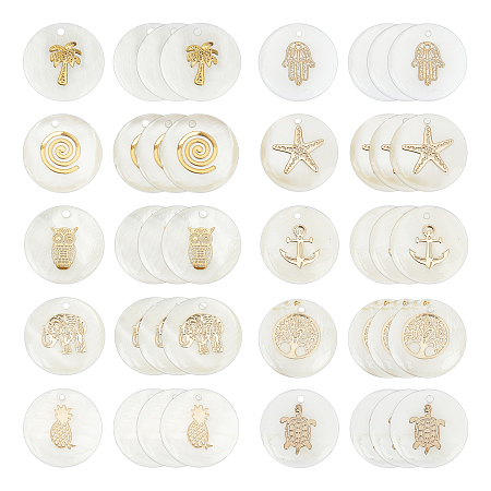 PandaHall Elite 40Pcs 10 Style Natural Freshwater Shell Pendants, Flat Round, Golden, 16x3.5~4mm, Hole: 1.2mm