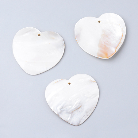 Honeyhandy Freshwater Shell Big Pendants, Heart, Floral White, 48~50x48~51.5x2~3mm, Hole: 2mm
