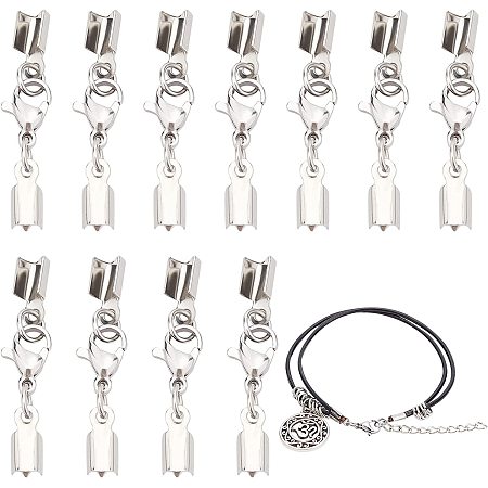 PandaHall Elite 20 Set Lobster Claw Cord Ends 304 Stainless Steel Fold Over Cord End Caps Connector Silver Cord Crimp End Tips with Lobster Claw Clasps for Necklaces Bracelets Jewelry Making DIY Craft