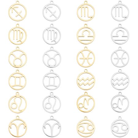 UNICRAFTALE 24pcs Zodiac Sign Charms Golden & Stainless Steel Color Round with Constellations Pendants Stainless Steel Pendants Metal Charms for Jewelry Making 18mm Long