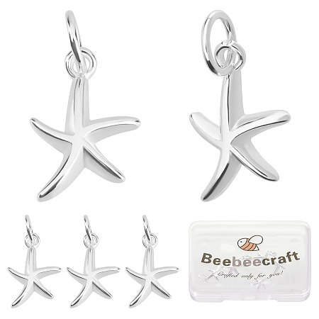 Beebeecraft 5Pcs 925 Sterling Silver Pendants, Starfish/Sea Stars, with Jump Rings, Silver, 15x9.5x2mm, Hole: 4mm
