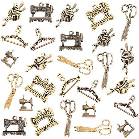 PandaHall Elite 90pcs Sewing Charm, 9 Styles Tibetan Scissors Tailor Ball of Yarn Charms Sewing Machine Knitting Pendants Beads for DIY Necklace Bracelet Making
