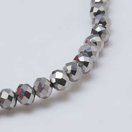 Electroplate Glass Bead Strands, Full Plated, Faceted, Rondelle, Silver Plated, 4x3mm, Hole: 1mm; about 130~140pcs/strand, 18.1