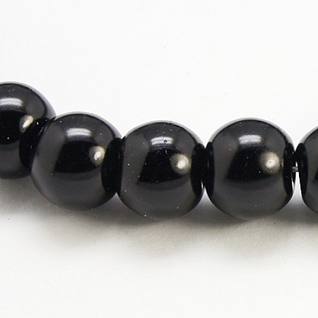 Honeyhandy Glass Pearl Beads Strands, Pearlized, Round, Black, Size: about 4mm in diameter, hole: 1mm, about 216pcs/strand
