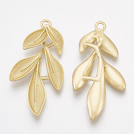 NBEADS Smooth Surface Alloy Pendants, Leaf, Matte Gold Color, 44.5x23x5mm, Hole: 2.5mm