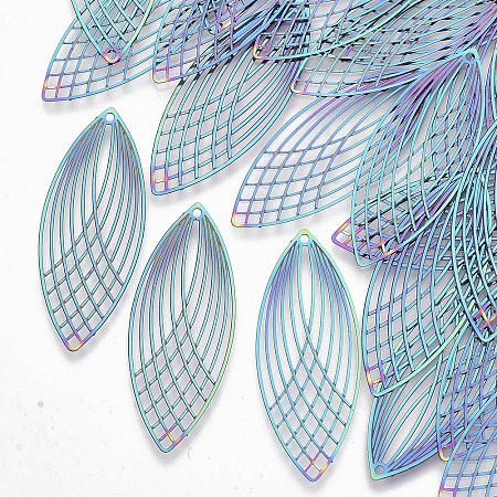 NBEADS 201 Stainless Steel Filigree Pendants, Etched Metal Embellishments, Rice, Multi-color, 40x16x0.3mm, Hole: 1.2mm