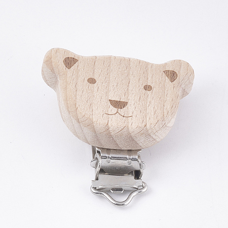 Honeyhandy Beech Wood Baby Pacifier Holder Clips, with Iron Clips, Bear, Platinum, BurlyWood, 49x50x18mm, Hole: 3.5x6mm