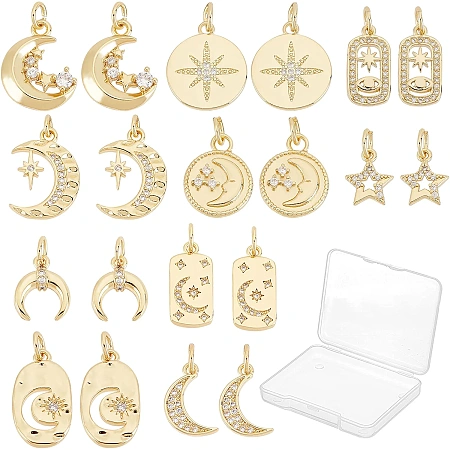 SUNNYCLUE 1 Box 20Pcs 10 Style 18K Gold Plated Moon Star Charms Pendants Micro Pave Clear Cubic Zirconia Pendants with Jump Ring for DIY Earrings Necklace Bracelet Jewelry Making Crafting Supplies