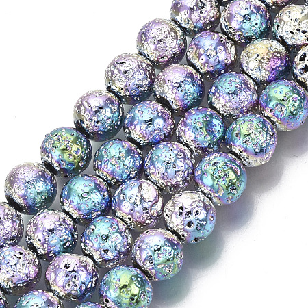 ARRICRAFT Electroplated Natural Lava Rock Beads Strands, Round, Bumpy, Colorful, 8.5mm, Hole: 1mm, about 47pcs/Strand, 15.35 inches(39cm)