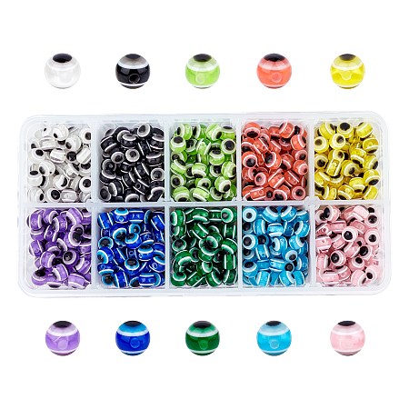 Round Evil Eye Resin Beads, Mixed Color, 6x5mm, Hole: 1.8~2mm, 10 colors, 75pcs/color, 750pcs/box