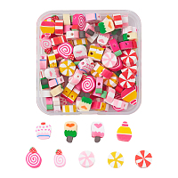 Honeyhandy 90Pcs 9 Style Handmade Polymer Clay Beads, Cake with Strawberry & Flat Round & Cake & Ice Cream, Mixed Color, 9~13x7~10x4mm, Hole: 1.2~1.6mm, 10pcs/style