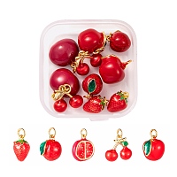ARRICRAFT 10Pcs 5 Style Red Fruit Theme Brass Enamel Charms, Real 18K Gold Plated, Pomegranate & Apple & Strawberry & Litchi & Cherry, Long-Lasting Plated, Red, 11~13.3x7.5~13.3x5.5~9.6mm, Hole: 2.4~2.8mm, 2Pcs/Style