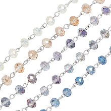 PandaHall Elite 5 Strands 3.3 Feet Faceted Crystal Glass Beads Chain with Platinum Eye Pin for Necklaces Bracelets Jewelry Making