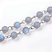 Honeyhandy Handmade Natural Moonstone Beads Chains, Unwelded, with Platinum Tone Iron Eye Pin, Round, 13.5~14x6.5mm, 39.37 inch(1m)/strand