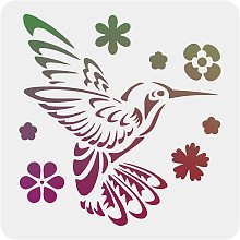 FINGERINSPIRE Hummingbird Stencil Decoration Template 11.8x11.8 inch Plastic Bird Flower Drawing Painting Stencil Square Reusable Stencils for Create DIY Hummingbird Crafts and Decor