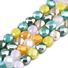 ARRICRAFT Electroplate Opaque Glass Beads Strands, AB Color Plated, Faceted, Flat Round, Colorful, 6x6x3.5~5mm, Hole: 1mm, about 99pcs/strand, 22.05 inch(56cm)