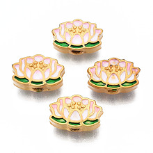 Honeyhandy Rack Plating Alloy Enamel Beads, Cadmium Free & Lead Free, Matte Gold Color, Lotus, Pink, 8x12x6mm, Hole: 1.8mm