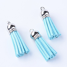 Honeyhandy Faux Suede Tassel Pendant Decorations, with CCB Plastic Cord Ends, Platinum, Sky Blue, 35~37x10mm, Hole: 2.5~3mm