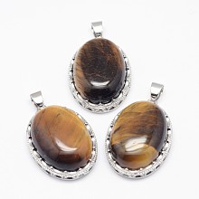 Honeyhandy Natural Tiger Eye Pendants, with Brass Findings, Oval, Platinum, 30x21x10~11mm, Hole: 6x4mm