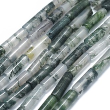 Honeyhandy Natural Moss Agate Beads Strands, Column, 11~15x3.5~4.5mm, Hole: 1~1.2mm, about 28~30pcs/strand, 15.1~15.9 inch(38.5~40.5cm)