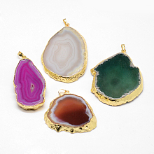 Honeyhandy Electroplated Natural & Dyed Agate Big Pendants, with Golden Plated Brass Findings, Mixed Color, 58~72x31~53x6~9mm, Hole: 8x5mm