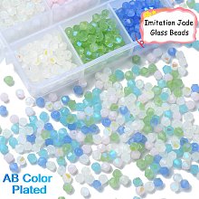 600Pcs 6 Colors Imitation Jade Electroplate Glass Beads Strands, AB Color Plated, Faceted, Bicone, Mixed Color, 4x4mm, Hole: 0.8mm, 100Pcs/color