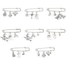 CHGCRAFT 8Pcs 8Styles Halloween Zinc Alloy Charms Safety Pin Brooches Set Lapel Pins for Backpack Clothes Decoration, Antique Silve