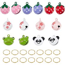 CHGCRAFT 14Pcs 7 Styles Pet Collar Bells Brass Cherry Panda Frog Strawberry Charm Cat Collar Bell Pet Pendant Accessories with Stainless Steel Double Loops Jump Rings for Potty Training