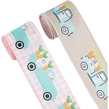 Arricraft 2 Rolls Single Face Polyester Ribbon, 2-1/2" X 10 Yds Carrot Car Pattern Printed Ribbons, Wired Edge Ribbons for Wrapping ,Hair Bows, Packaging, Party, Easter Decoration ( Pink&Tan )