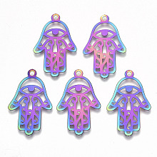 Honeyhandy Ion Plating(IP) 201 Stainless Steel Pendants, Etched Metal Embellishments, Hamsa Hand/Hand of Fatima/Hand of Miriam with Eye, Rainbow Color, 30x19x0.3mm, Hole: 2mm