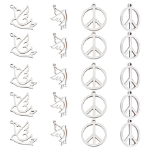 UNICRAFTALE 28pcs 2 Styles Pigeon and Peace Sign Pendants 201 Stainless Steel Manual Polishing Charms Hypoallergenic Hollow Peace Theme Pendants for Necklace Jewelry Making