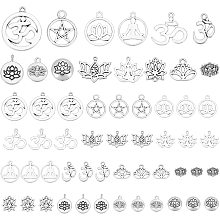 PandaHall Elite 14 Styles Lotus Flower Charms, 56pcs Yoga Charms Indian Chakra Charm Tibetan Alloy Hollow Pendants for Jewelry Bracelet Necklace Making DIY Crafts