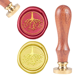 CRASPIRE Brass Wax Seal Stamp, with Natural Rosewood Handle, for DIY Scrapbooking, Golden, Tree Root Pattern, Stamp: 25mm, Handle: 79.5x21.5mm