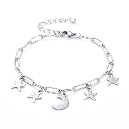 Honeyhandy 304 Stainless Steel Charm Bracelets, with Paperclip Chains, Lobster Claw Clasps and Brass Rhinestone Pendants, Moon & Star, Stainless Steel Color, 8 inch(20.3cm)