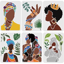 FINGERINSPIRE 6PCS African Tribal Women Stencils 11.7x8.3 inch Plastic Tropical Plant Craft Stencil Large African Girl Stencil Templates with Ring Earrings Bracelet Crown for Art Home Decoration