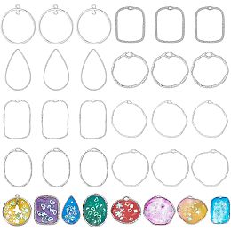 CHGCRAFT 48Pcs 8 Style Ring Open Back Bezel Pendants Oval Hollow Frame Pressed Flower Frame Charms Resin Bezel Earring Frame for DIY UV Resin Necklace Earring Jewellery Making, Platinum 20.5-46.5mm