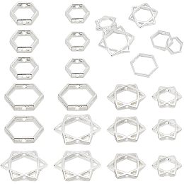 PandaHall Elite 925 Sterling Silver Plated Bead Frame 24pcs Hallow Open Bead Frame Hexagon Star Frame Connectors 6 Sizes Double Hole Spacer Beads for Jewelry Necklace Bracelet Earring Making, 1mm Hole