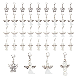 CHGCRAFT 40Pcs 4 Style Alloy Pendants, with Brass Lobster Claw Clasps and Glass Pearl and Acrylic Beads, Angel, White, 35~47mm, 10pcs/style