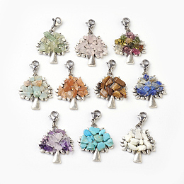 Honeyhandy Pendant Decorations Sets, Synthetic/Natural Mixed Stone Chip Beads with Alloy Pendants, Stainless Steel Findings, Tree, Antique Silver & Stainless Steel Color, 39mm, Pendant: 28x24x4.5mm, 10pcs/set