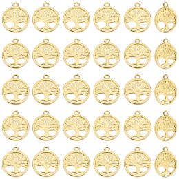 DICOSMETIC 30Pcs Tree of Life Charms Hollow Brass Charms Antique Flat Round Tree of Life Pendants 18K Gold Plated Christmas Tree Charms for Jewelry Making Crafts, Hole: 1.6mm