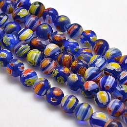 Honeyhandy Round Millefiori Glass Beads Strands, Royal Blue, 6mm, Hole: 1mm, about 67pcs/strand, 14.7 inch