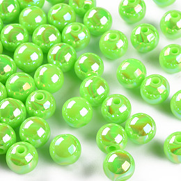 Honeyhandy Opaque Acrylic Beads, AB Color Plated, Round, Lime, 10x9mm, Hole: 2mm, about 940pcs/500g