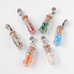 Honeyhandy Glass Bottle with Glass Seed Beads European Dangle Charms, with Antique Silver Tone Alloy Findings, Large Hole Pendants, Mixed Color, 35mm, Hole: 5mm