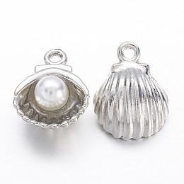 Honeyhandy Alloy Charms, with Acrylic Pearl, Shell, Platinum, 12x9x5.5mm, Hole: 1mm