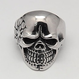 Honeyhandy Unique Halloween Jewelry Skull Rings for Men, 304 Stainless Steel Wide Rings, Antique Silver, 17~23mm