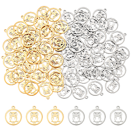 DICOSMETIC 80Pcs 2 Colors Owl Charms Stainless Steel Golden Ring with Owl Charms Cute Animals Charms Small Hollow Pendants Flat Round Charms for DIY Jewellry Making, Hole: 1.2mm