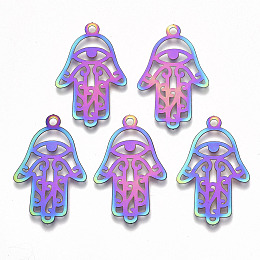 Honeyhandy Ion Plating(IP) 201 Stainless Steel Pendants, Etched Metal Embellishments, Hamsa Hand/Hand of Fatima/Hand of Miriam with Eye, Rainbow Color, 30x19x0.3mm, Hole: 2mm